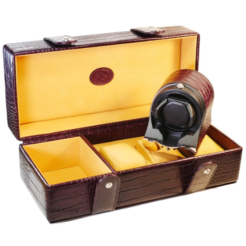 Underwood (London) - 3-unit Watch Storage Case w Single Rotogalbe Watch Winder in Brown Croco